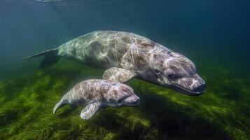 Beluga mother and calf swimming in clear green water photo