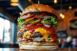 Giant cheeseburger with pickles, lettuce, tomato, and onion layers photo