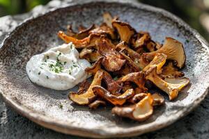 Golden chanterelle mushrooms with creamy herb dip on rustic plate photo