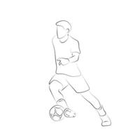 Professional soccer player with ball on field illustration hand drawn with black lines isolated on white background vector