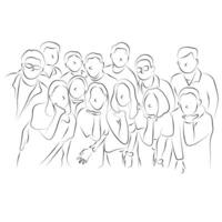 group of people in party with happiness illustration hand drawn with black lines isolated on white background vector