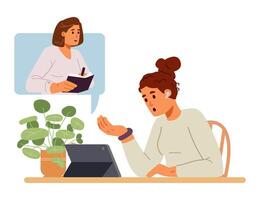 Online psychological session flat illustration isolated on white. A woman shares her problem with a psychologist via call. vector
