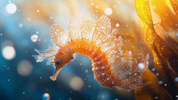 Vibrant leafy seadragon gliding through sunlit ocean waters photo