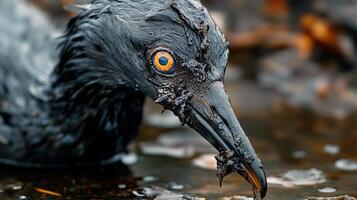 Close-up of an oil-covered bird with intense eye in pollution-ridden environment photo