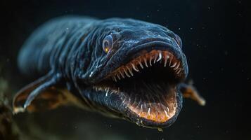 Close-up of deep-sea predator fish with sharp teeth in dark ocean water photo