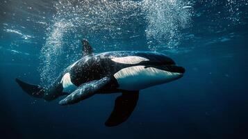 Majestic orca swimming underwater with sunlight and bubbles photo