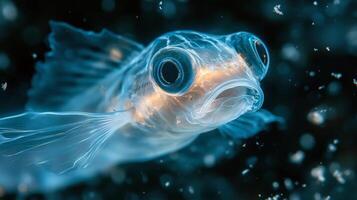Close-up of translucent fish in underwater ocean environment with floating particles photo