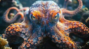 Vibrant octopus in coral reef habitat displaying intricate patterns and colors photo