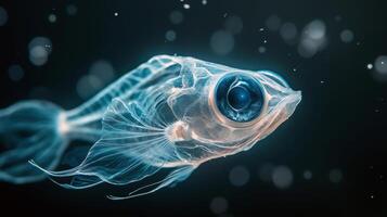 Transparent deep sea fish with bioluminescent glow in dark ocean depths photo