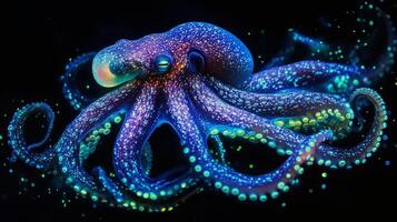 Vibrant neon octopus glowing underwater with bioluminescent patterns photo