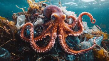 Vibrant octopus amidst ocean plastic pollution photo