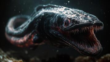 Fierce deep-sea creature with sharp teeth and dark glistening scales in ocean depths photo