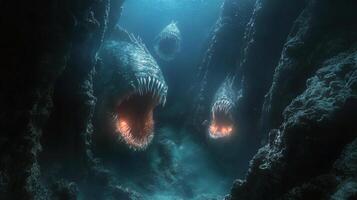 Terrifying deep sea monster creatures in dark ocean underwater cave scene photo