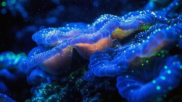 Glowing blue bioluminescent coral reef underwater scene with vibrant colors photo
