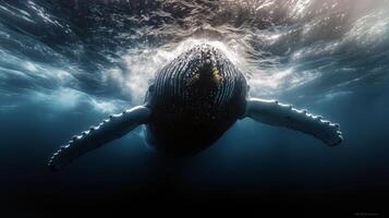 Majestic humpback whale underwater with sunlit ocean waves above photo
