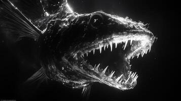 Eerie glowing deep-sea fish with sharp teeth in dark waters photo