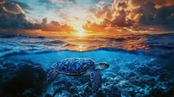 Sea turtle swimming under vibrant sunset amidst coral reef and dramatic clouds photo