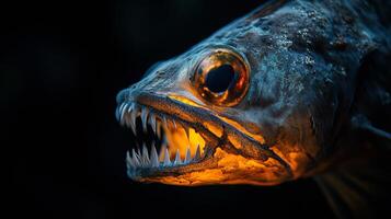 Close-up of deep sea fish with sharp teeth glowing underwater in the dark photo