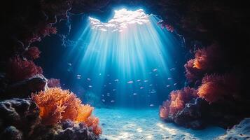 Sunlit underwater cave with colorful coral and swimming fish photo