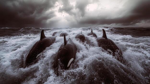 Pod of orcas navigating stormy ocean waves under dramatic sky photo