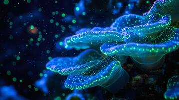 Glowing bioluminescent coral in dark underwater ocean scene photo