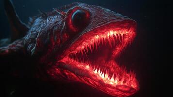 Terrifying deep-sea creature with glowing teeth in dark ocean depths photo