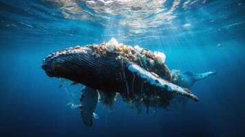 Majestic humpback whale entangled in ocean debris under sunlit waters photo