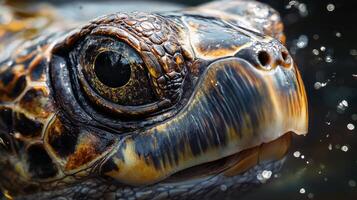 Close-up of sea turtle's textured face with intricate patterns and water droplets photo