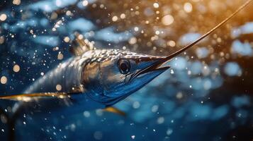 Majestic swordfish swimming underwater with sunlit bokeh effect photo