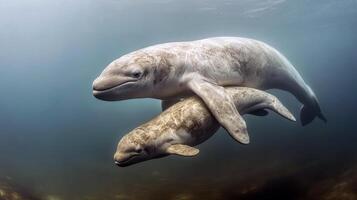 Gentle interaction between two swimming beluga whales underwater photo