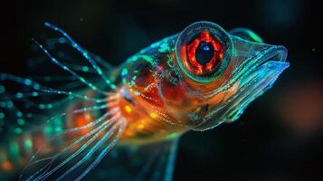 Vibrant bioluminescent fish with transparent fins underwater photo