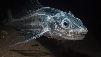 Eerie deep-sea icefish skeleton glowing underwater in darkness photo