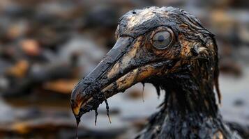 Oil-covered bird in environmental disaster scene with impacted wildlife photo