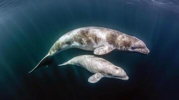 Mother and baby beluga whale swimming underwater in ocean photo
