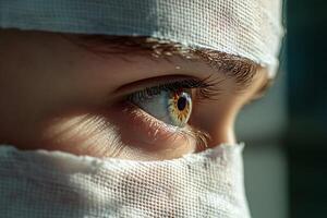 A close up of a person's eye with bandages photo