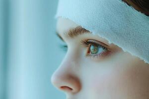 A close up of a young girl with bandages on her head photo
