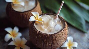 Two coconut drinks with white flowers photo