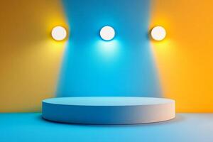 Pedestal with blue yellow lights, product presentation, mock up, cosmetic podium photo