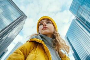 A portrait of a stylish young girl. A modern skyscraper behind her. photo