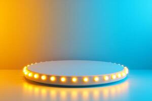Circular pedestal with blue yellow lights, product presentation, mock up, cosmetic podium photo