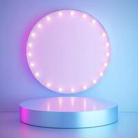 3D circular pedestal with pastel colored lights product presentation, mockup photo