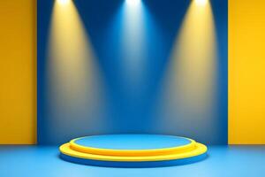 3D circular pedestal with blue yellow lights product presentation, mock up, cosmetic podium photo