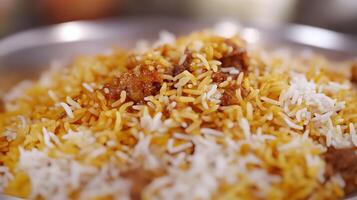 A close up of a plate of rice and meat photo