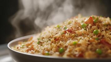 A bowl of fried rice with steam coming out of it photo