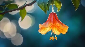 Orange flower on a branch with blurred background photo