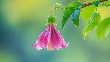 A pink flower is hanging from a tree photo