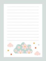 Cute notebook page with clouds with flowers and stars vector