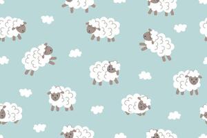 Seamless pattern of sheep on a blue background. Farm animals. vector