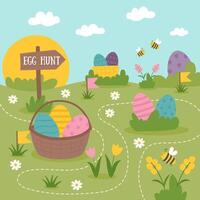 Easter egg hunt concept banner. Easter card with Easter eggs on the meadow. Hand drawn flat style background. vector