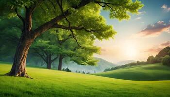 green landscape with trees and sun photo